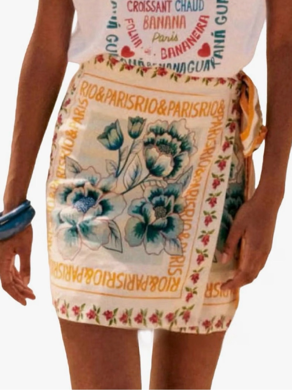 Amazon Floral Wrap Mini Skirt in Cream and Teal with Gold Accents